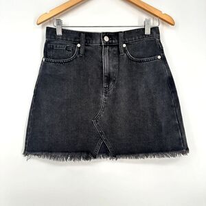 Madewell Black Denim Skirt Rigid A-Line Lunar Wash Frayed Denim Mini Size 26